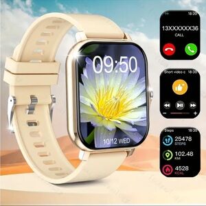 Beige Smartwatch with Fitness Tracker - Gold Frame